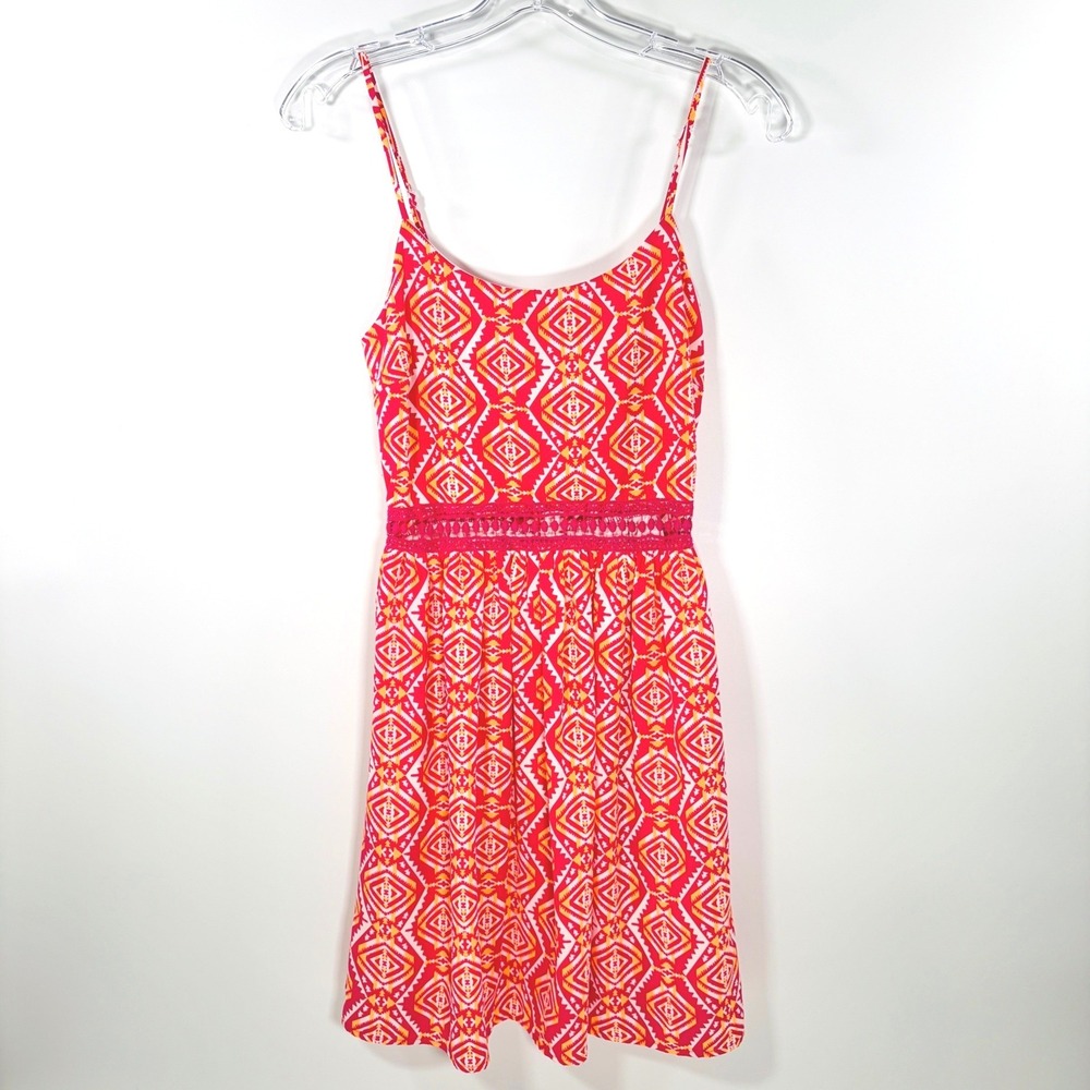 Everly Dress Women Small Pink Orange Geometric Crochet Waist Mini Aztec Neon